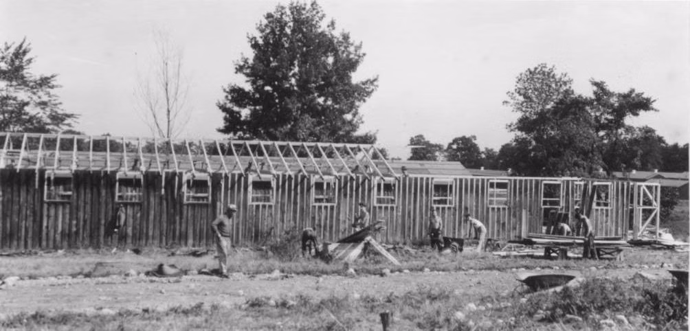 Civilian Conservation Corps barracks under construction at Green Lakes State Park in 1934