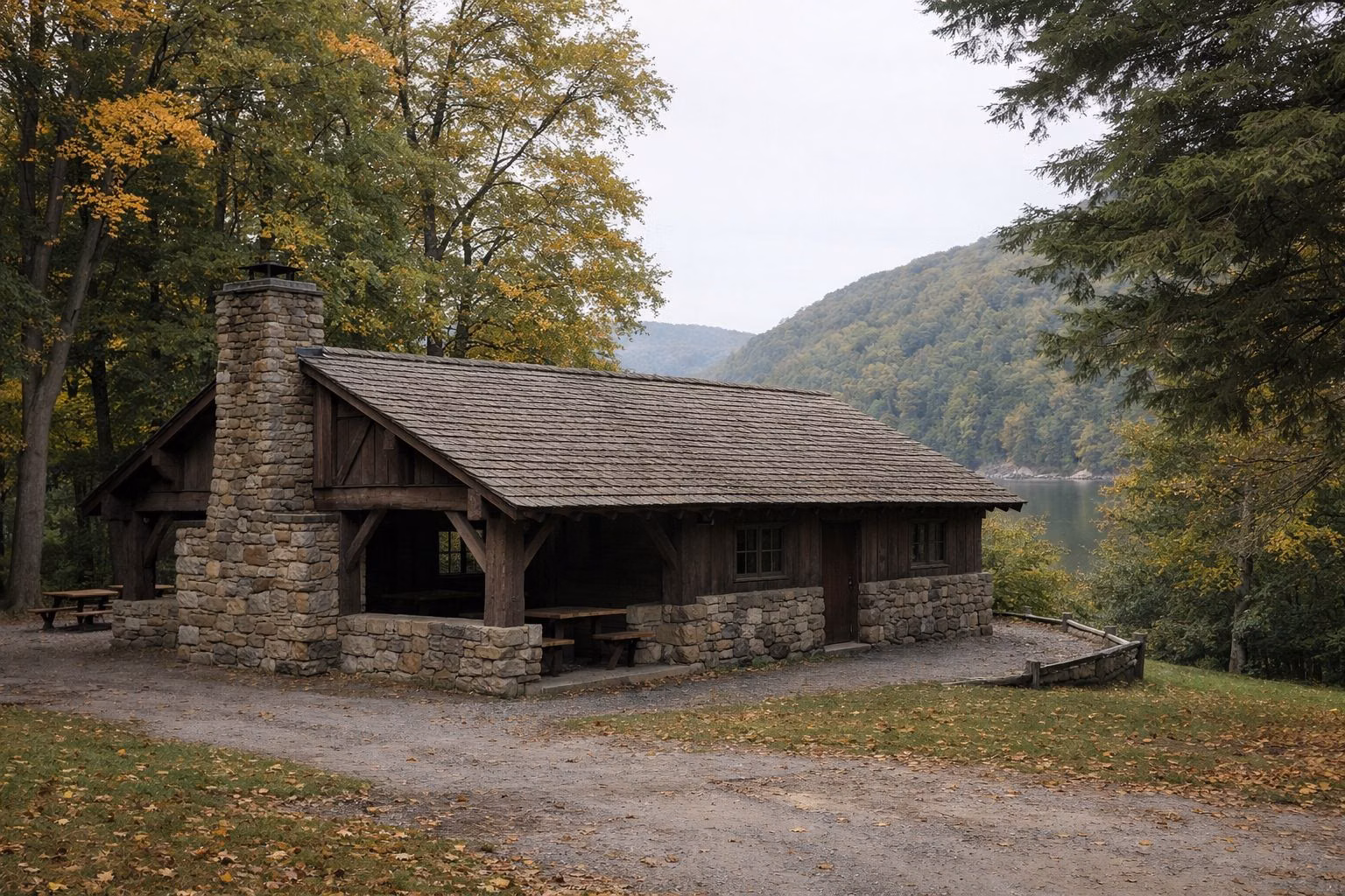 A rustic fieldstone and timber park building among trees