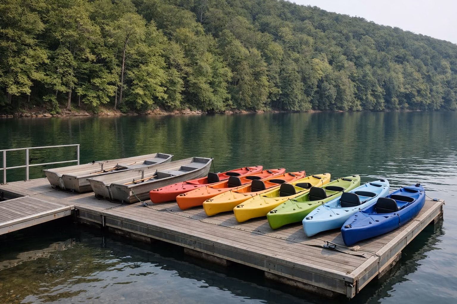 Rental kayaks and rowboats tied at a floating dock on a green lake