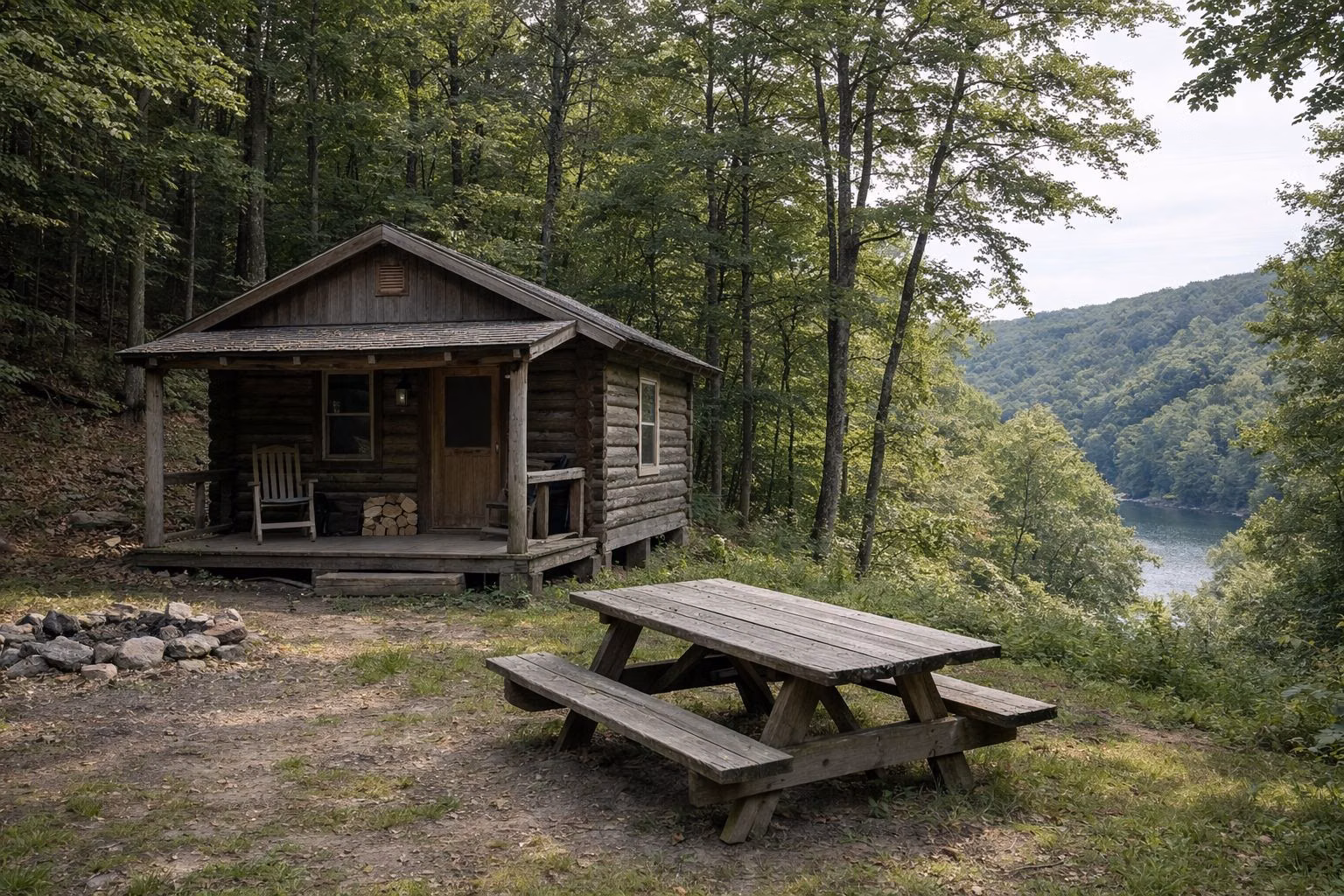 A small rustic wooden cabin with a porch in a forest clearing