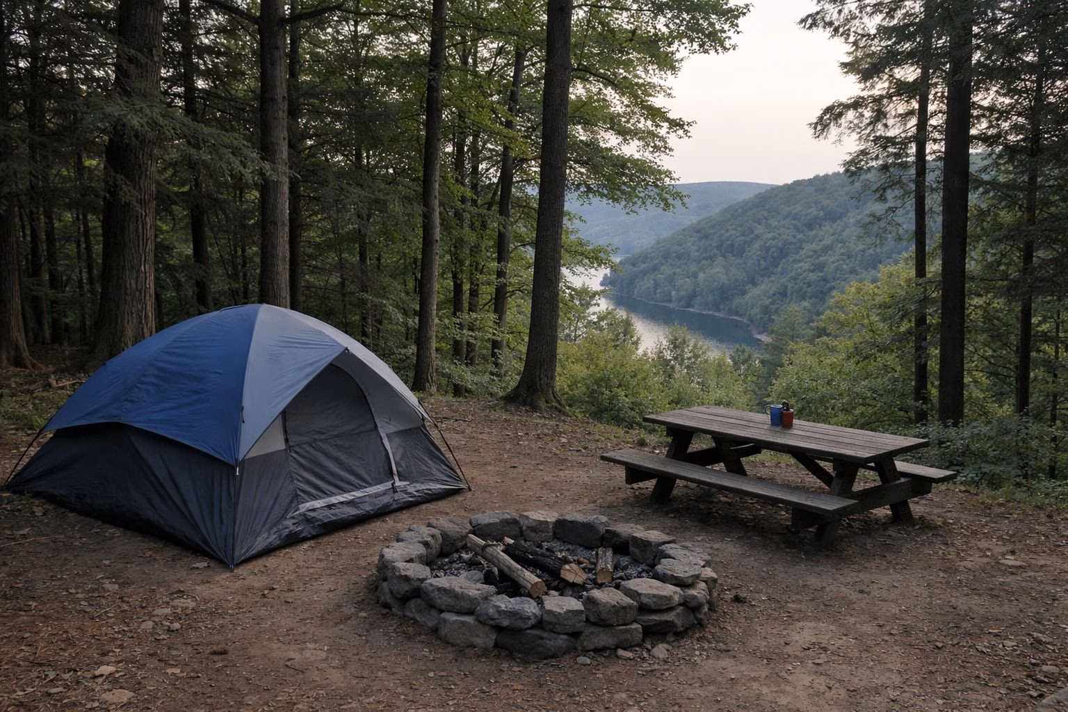 A wooded campsite with a tent, picnic table and fire ring