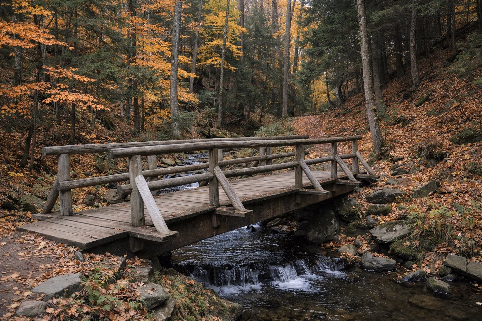 A wooden footbridge over a small forest stream