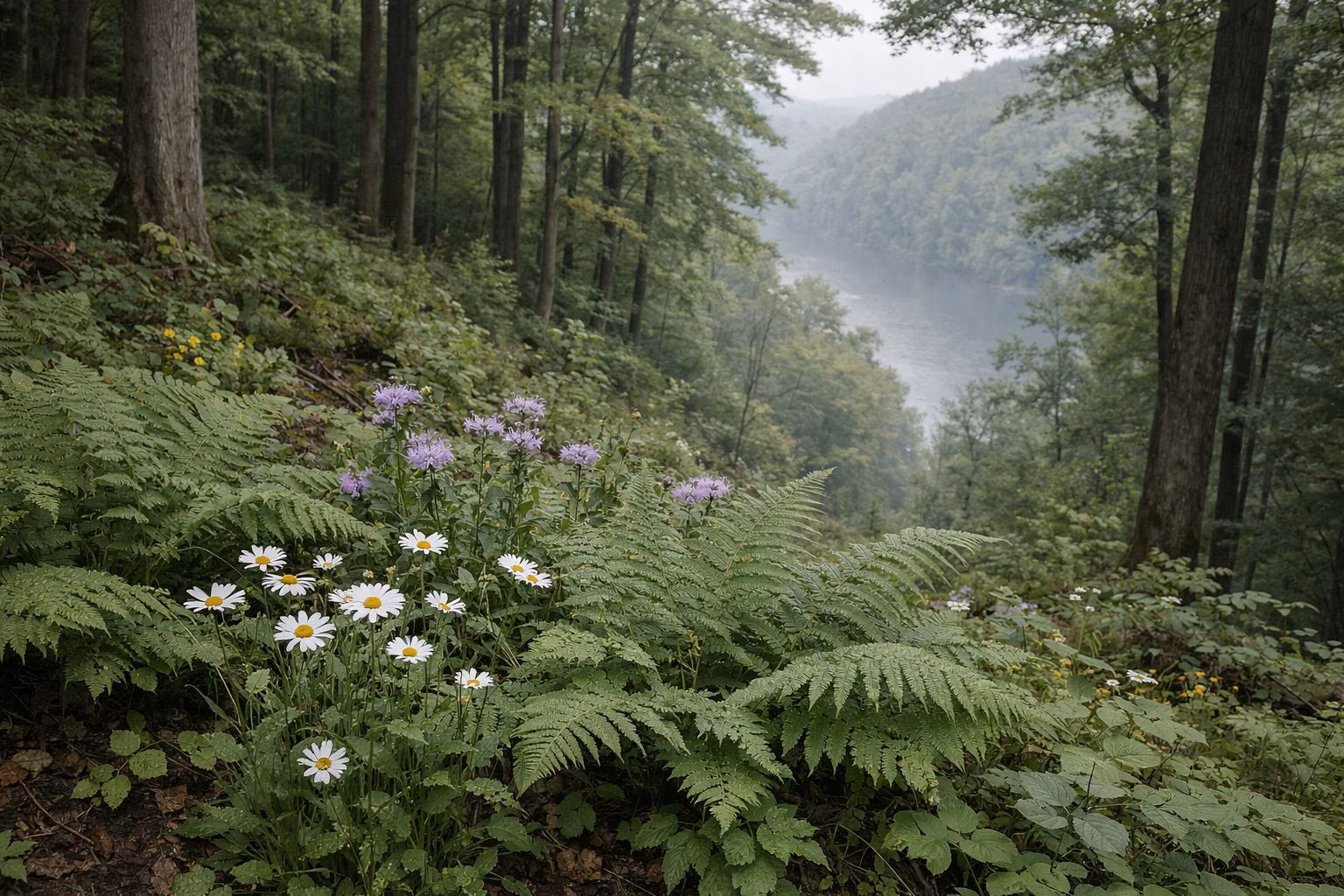 Ferns and wildflowers on a moist forest floor