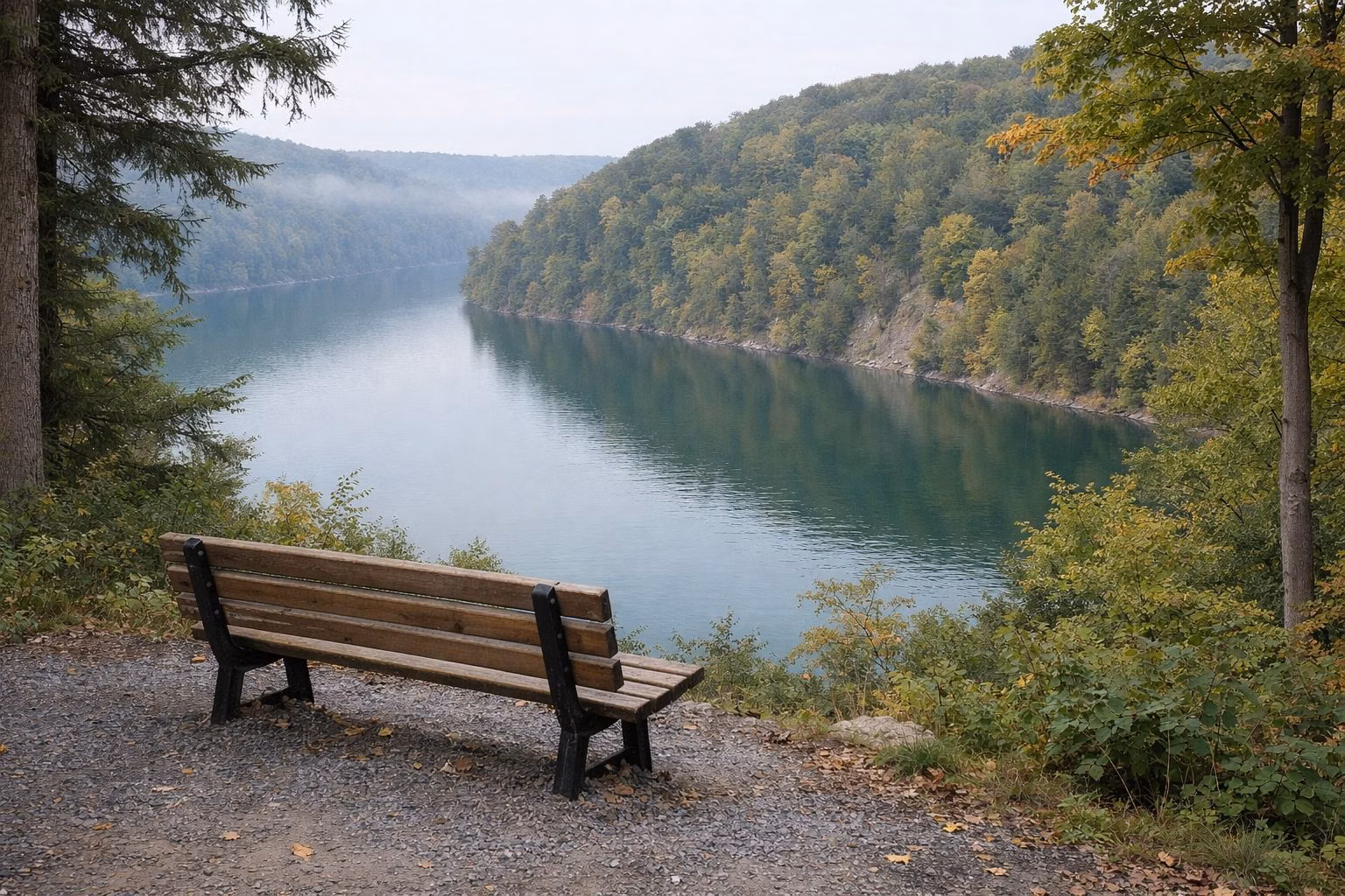 An empty bench overlooking a calm green-blue lake