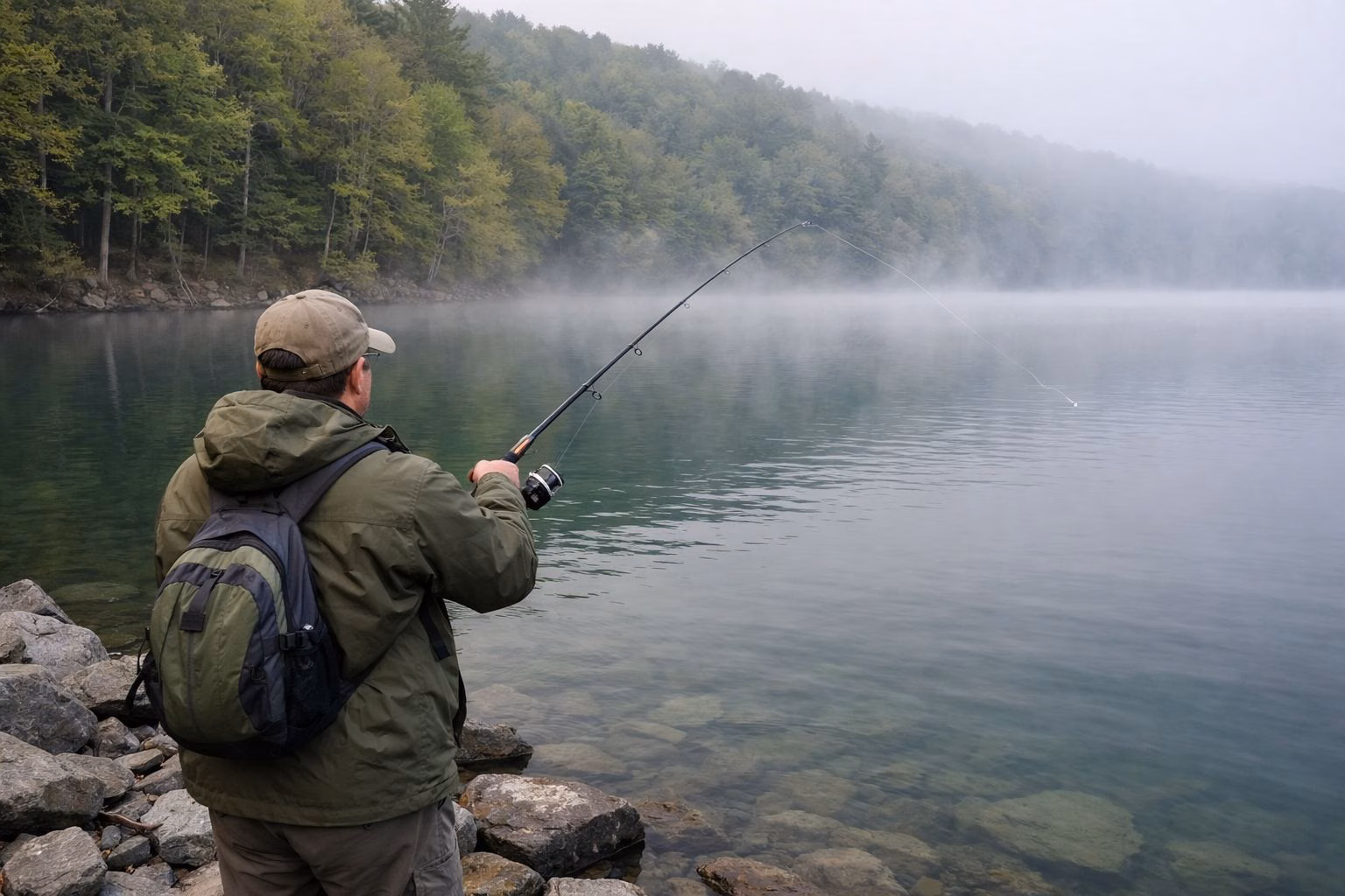 An angler casting from a rocky shore into calm green lake water