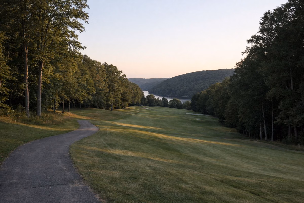 Rolling golf fairway in evening light with long shadows