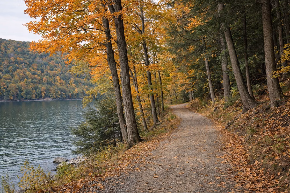 Lakeshore trail curving through autumn maples beside blue-green water