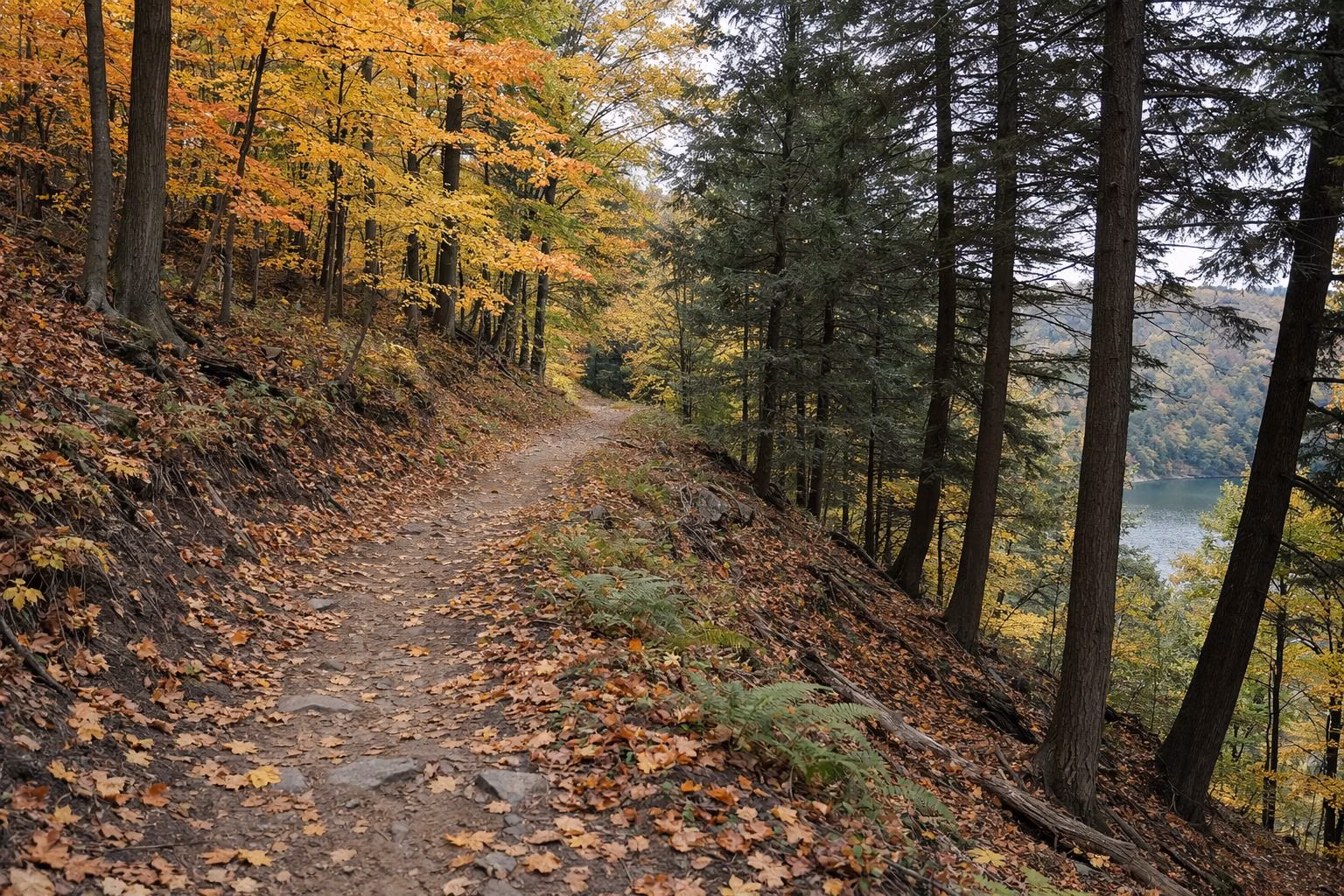 A dirt trail climbing through a hardwood forest in fall color
