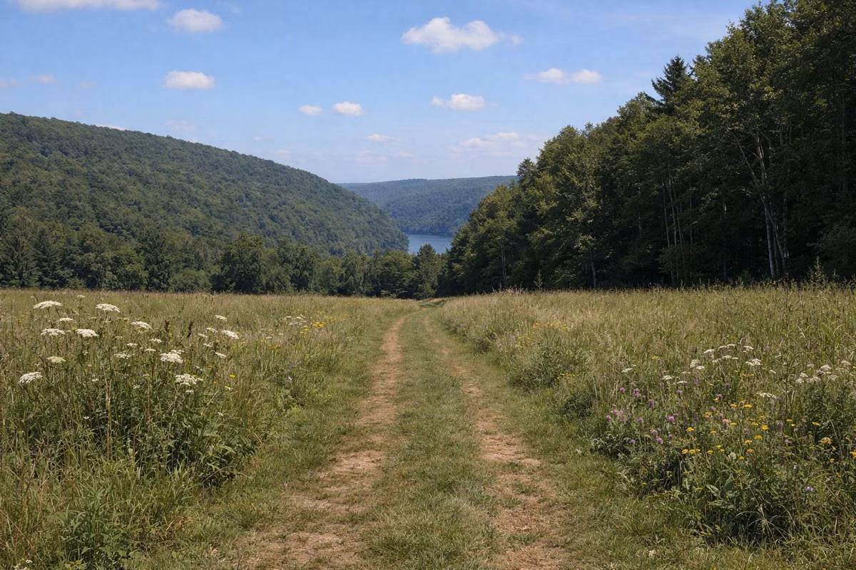 A mowed grass trail crossing a meadow at the forest edge