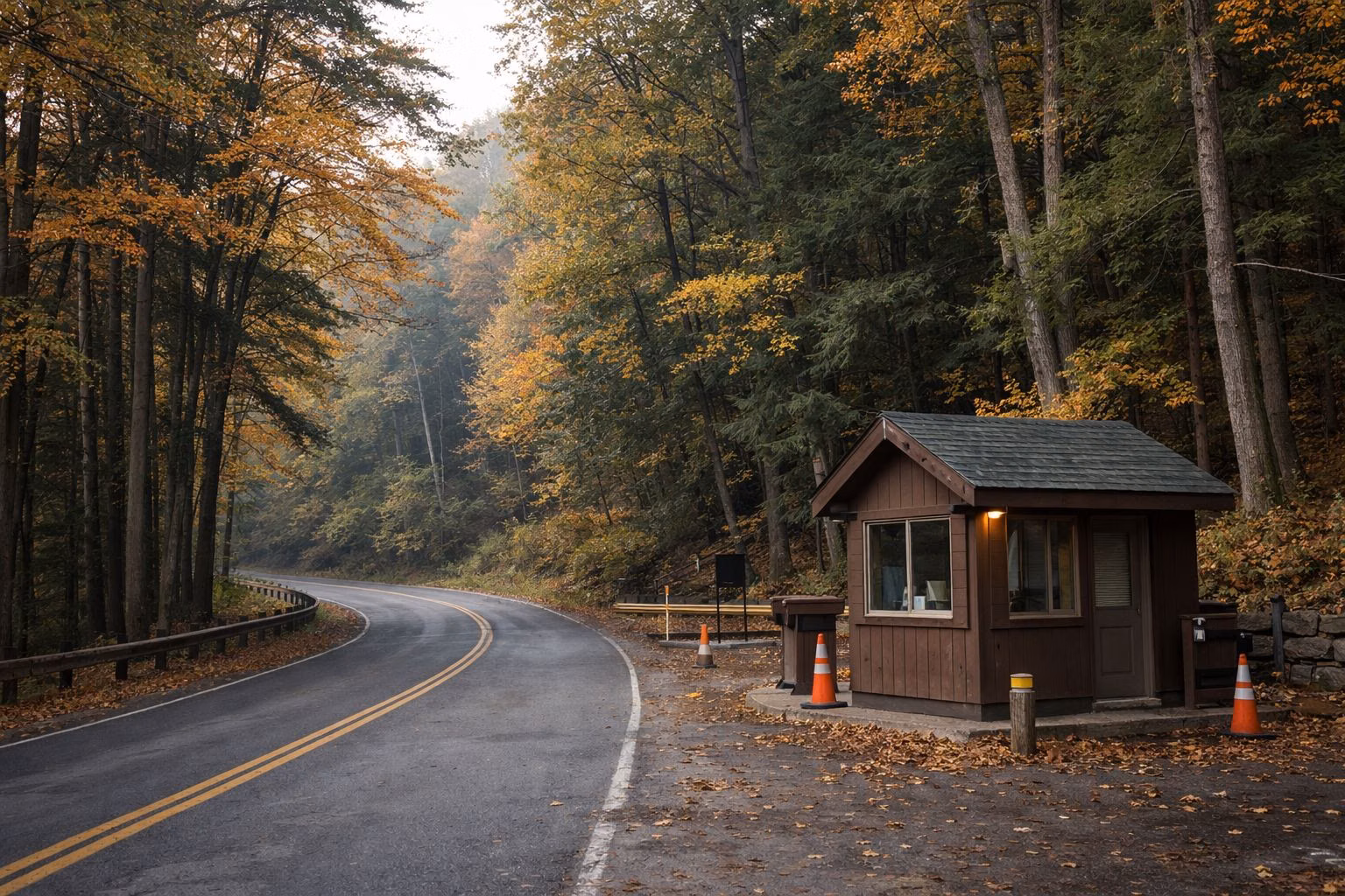 A park entrance road curving into hardwood forest at morning
