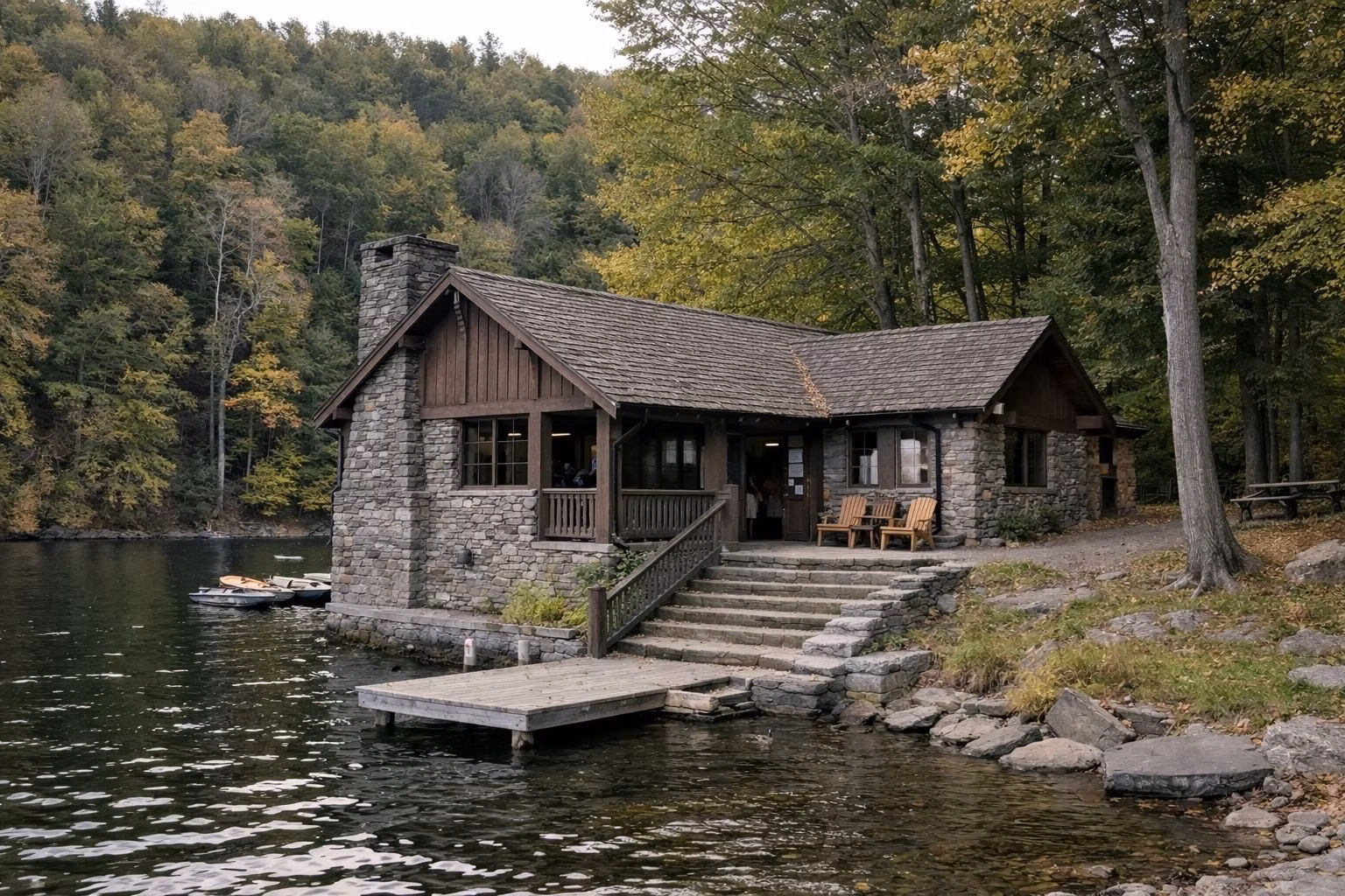 A small rustic stone and timber boathouse building on a lakeshore