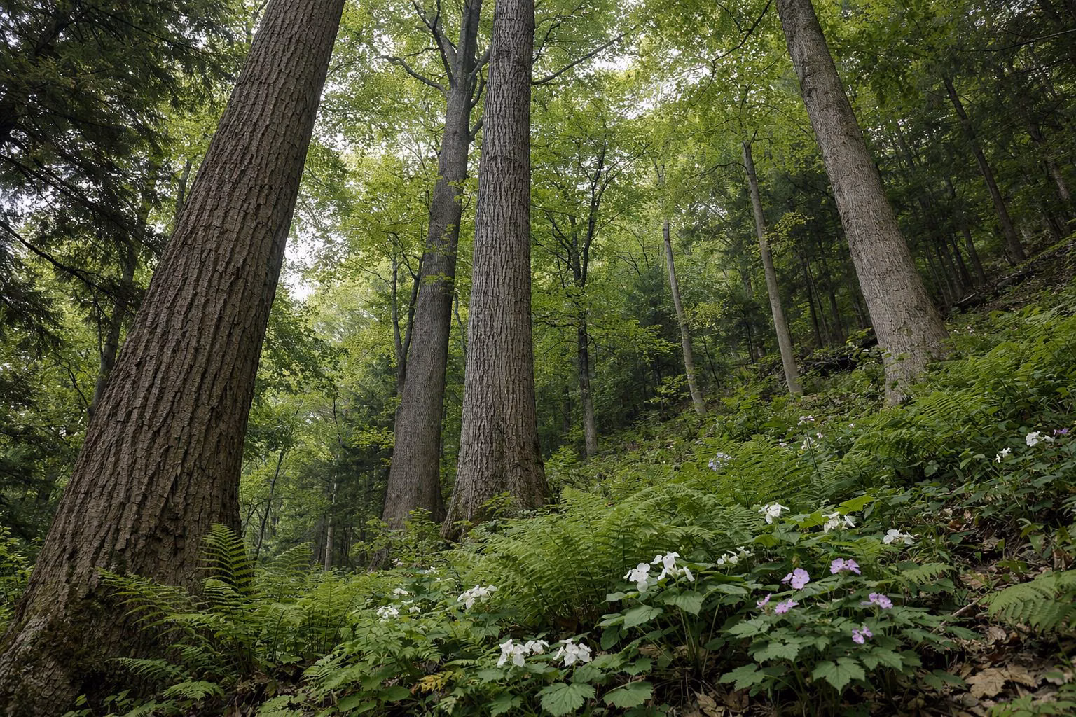 Massive straight trunks of very tall old trees in a rich forest