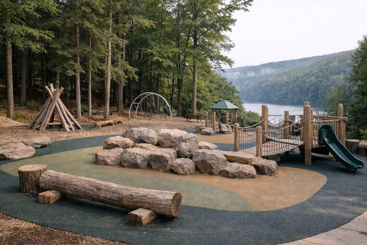 A playground with log and boulder play features beside woods