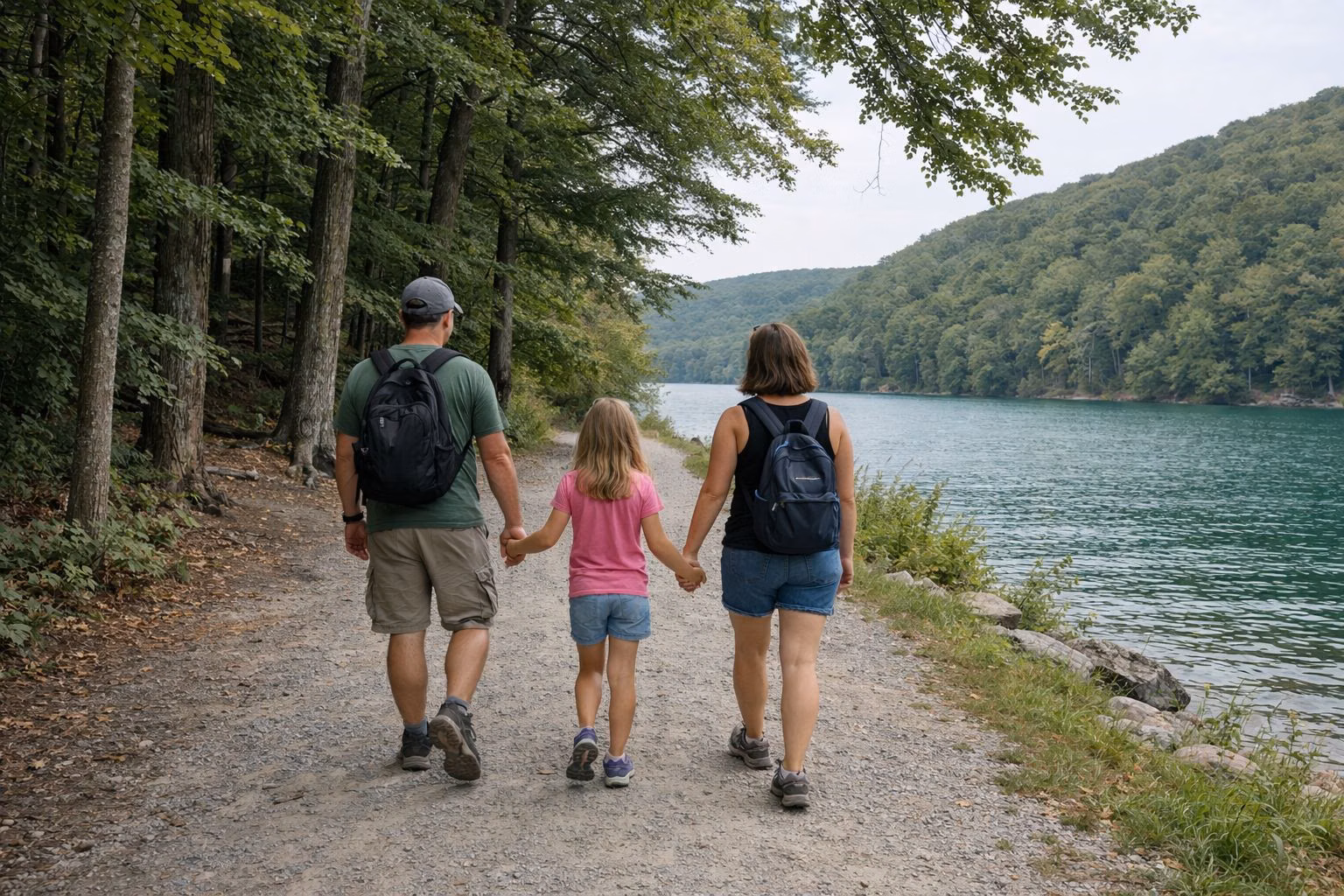 A family walking a gravel path beside a turquoise lake