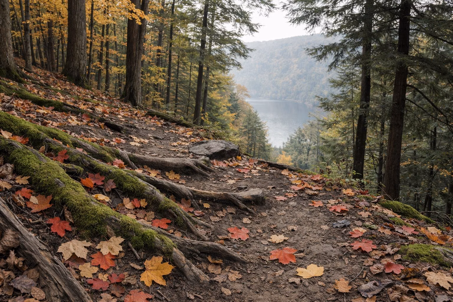 Fallen maple leaves on a forest trail