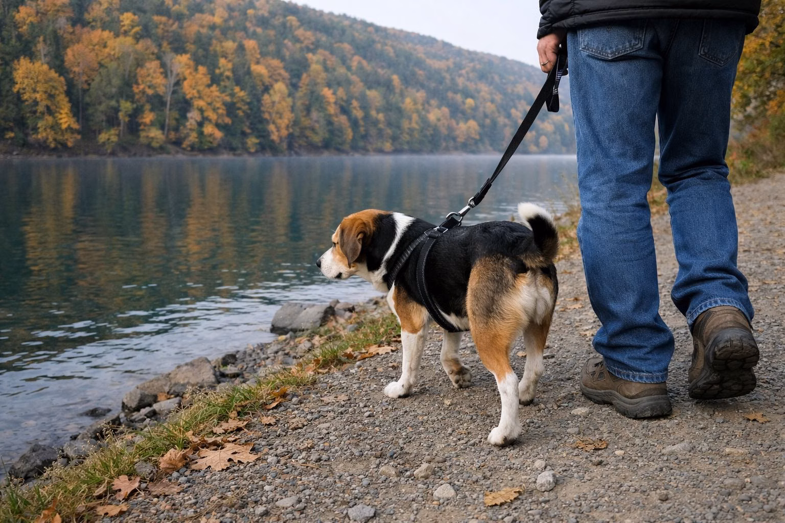 A leashed dog walking on a gravel lakeside path