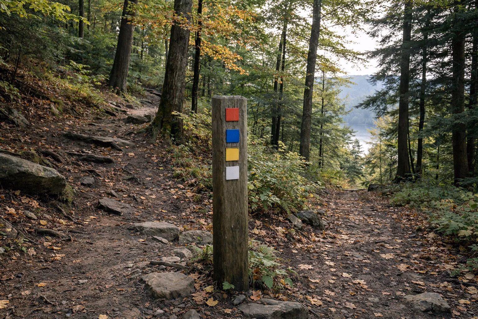 A wooded trail junction with a post bearing small colored markers