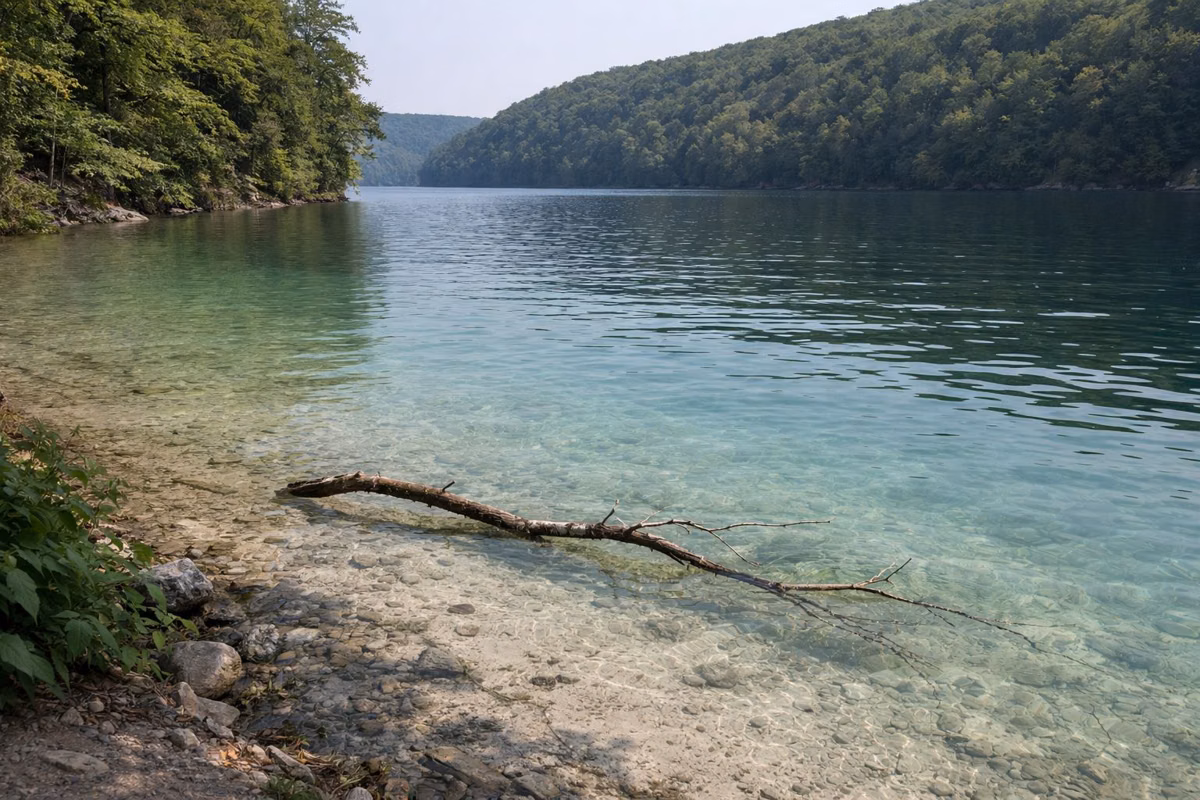Clear pale green water over a whitish lake bottom near the shore