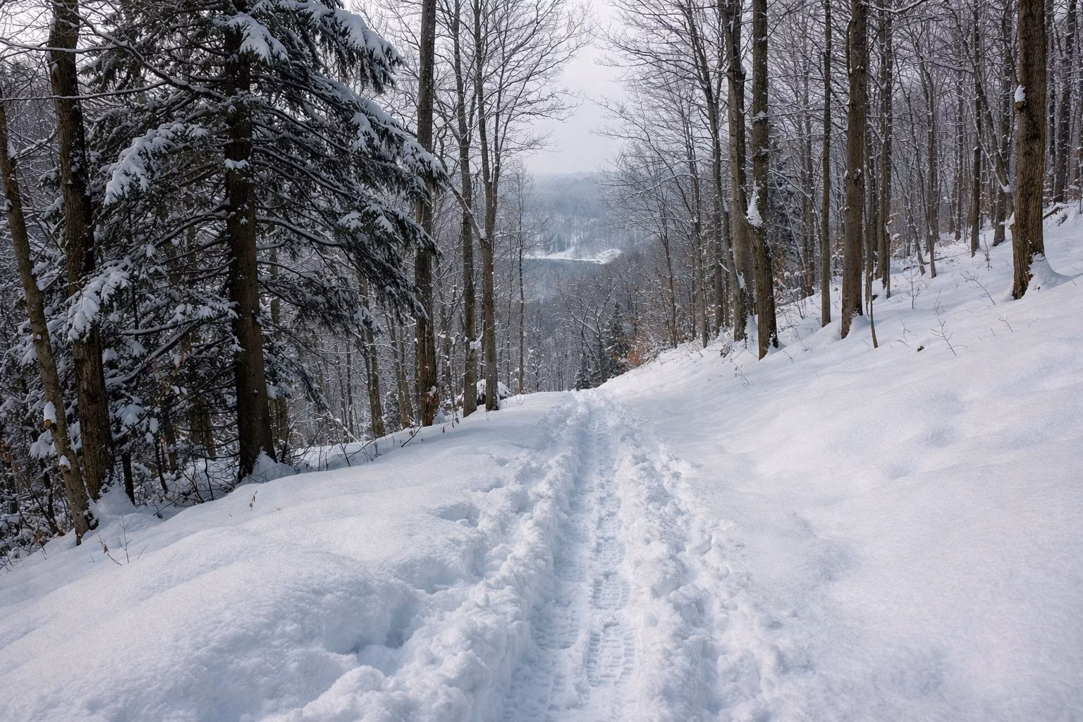 A snowshoe track through deep snow in a hardwood forest