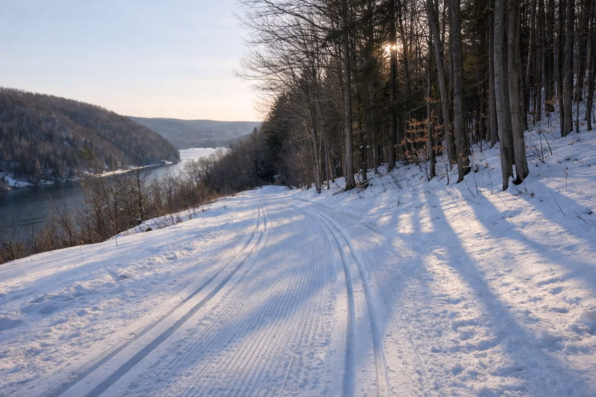 A cross-country ski track along a snowy trail at the forest edge